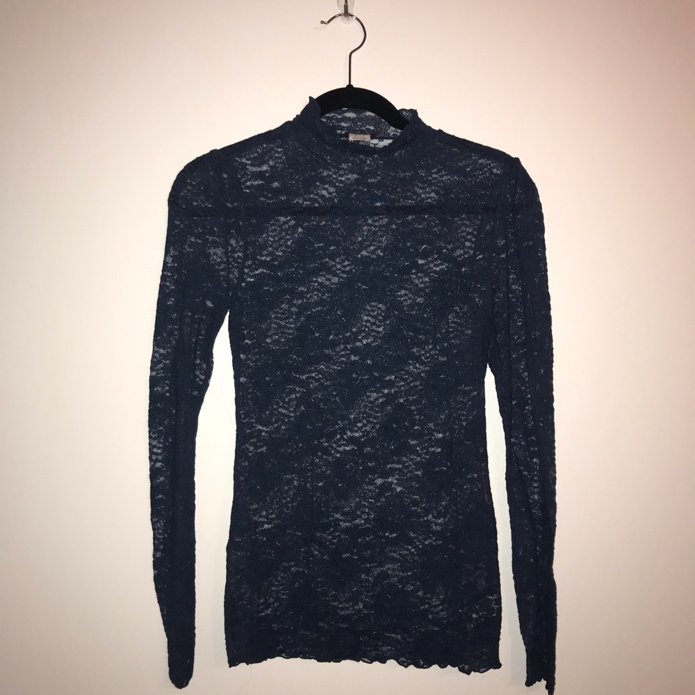 Free People Blue Lace Mock Neck Shirt